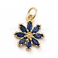 Rack Plating Brass Micro Pave Cubic Zirconia Charms, Long-Lasting Plated, Lead Free & Cadmium Free, Real 18K Gold Plated, Flower, Prussian Blue, 14.5x12x3mm, Hole: 3mm(ZIRC-F129-34C-G)
