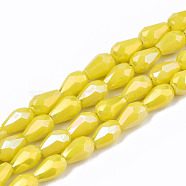 Electroplate Glass Beads Strands, AB Color Plated, Faceted Teardrop, Yellow, 4x3mm, Hole: 0.7mm, about 98~99pcs/strand, 16.54~16.92 inch(42~43cm)(EGLA-S194-02A-A02)