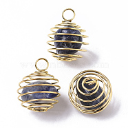 Iron Wrap-around Spiral Bead Cage Pendants, with Natural Sodalite Beads inside, Round, Golden, 21x24~26mm, Hole: 5mm(IFIN-R239-06G)