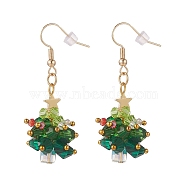 Glass Braided Beaded Christmas Tree Dangle Earrings, Golden Brass Wire Wrap Jewelry for Woman, Green, 49mm, Pin: 0.7mm(EJEW-JE05151-01)