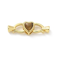 Brass Heart Fold Over Clasps, with Tiger Eye, Golden, 25mm(KK-Z083-05G-01)