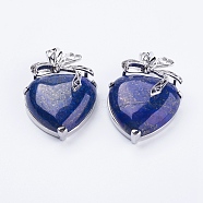 Natural Lapis Lazuli Pendants, with Brass Findings, Heart, Platinum, 32x47.5x12mm, Hole: 4x5mm(G-E433-B-05P)