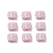 Opaque Acrylic Beads, Metal Enlaced, Square with Flower Pattern, Flamingo, 9.5~10x10.5~11x3.5mm, Hole: 1.6mm, about 1990pcs/500g(OACR-G016-26F)