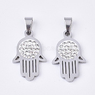 201 Stainless Steel Pendants, with Random Size Snap On Bails and Polymer Clay Crystal Rhinestones, Hamsa Hand/Hand of Fatima/Hand of Miriam, Stainless Steel Color, 24x15x3mm, Hole: 8~10x3~5mm(STAS-N089-19P)