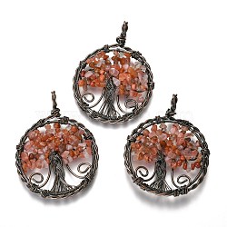 Natural Carnelian Pendants, with Red Copper Plated Brass Findings, Flat Round with Tree of Life, 64~67.5x50~51x6~7.5mm, Hole: 8x5~6.5mm(G-B001-01R-E)