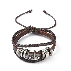 PU Leather & Waxed Cords Triple Layer Multi-strand Bracelets, Braided Adjustable Bracelet Alloy Star, Coconut Brown, Inner Diameter: 2-3/8~3-1/8 inch(5.9~8cm)(BJEW-G709-01A)