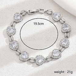 Brass Pave Clear Cubic Zirconia Heart Link Bracelets for Women, Platinum(OZ7056-2)