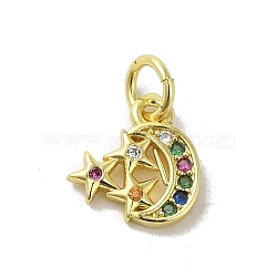 Real 18K Gold Plated Brass Pave Cubic Zirconia Pendants, with Jump Rings, Moon, Colorful, 10.5x9.5x1.5mm, Hole: 3mm(KK-M283-01A-02)