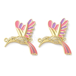 Rack Plating Brass Micro Pave Clear Cubic Zirconia Bird Connector Charms, with Enamel, Lead Free & Cadmium Free, Real 18K Gold Plated, Pink, 32x31x4mm, Hole: 1.6mm(KK-C084-03G-01)