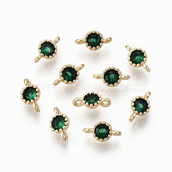Brass Micro Pave Green Cubic Zirconia Links Connectors, Nickel Free, Real 18K Gold Plated, Flat Round, 7.5x4x3.5mm, Hole: 0.9mm(KK-T063-58G-NF)