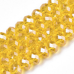 Electroplate Glass Beads Strands, Pearl Luster Plated, Faceted, Rondelle, Yellow, 4x3mm, Hole: 0.4mm, about 123~127pcs/strand, 16.5~16.9 inch(42~43cm)(EGLA-A034-T4mm-A04)