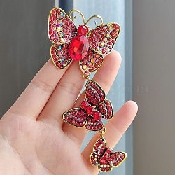 Rhinestone Triple Butterfly Brooch Pins, Gold Plated Alloy Badge for Corsages Scarf Clothes, Rose, 110x50mm(PW-WG311BA-05)