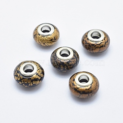 Handmade Polymer Clay European Beads, with Silver Color Plated Brass Cores, Large Hole Beads, Rondelle, Black, 13~16x8~11mm, Hole: 4.5~5mm(X-CLAY-K002-B05)