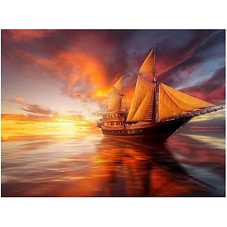 Sailboat DIY Diamond Painting Kit, Including Resin Rhinestones Bag, Diamond Sticky Pen, Tray Plate and Glue Clay, Orange, 400x300mm(PW-WG96511-09)