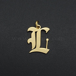 201 Stainless Steel Pendants, with Jump Ring, Old English, Letter, Laser Cut, Golden, Letter.L, 16x13x1mm, Hole: 3mm(A-STAS-R111-JA566-L)