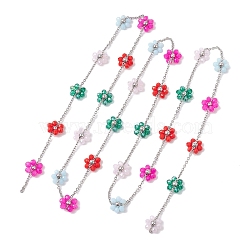 Colorful Glass Beaded Flower Link Chains, with 304 Stainless Steel Cable Chains, Stainless Steel Color, 101x11x4.5mm, about 3.20 Feet(0.98m)/Strand(AJEW-JB01209-02)