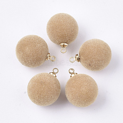 Flocky Acrylic Pendants, with Brass Findings, Round, Golden, Goldenrod, 18x14mm, Hole: 1.6mm(FIND-T046-33D-07)