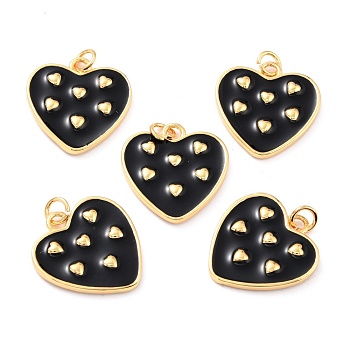 Real 18K Gold Plated Brass Pendants, with Enamel, Long-Lasting Plated, Heart, Black, 20x19x2.5mm, Jump Ring: 5x1mm, 3mm Inner Diameter