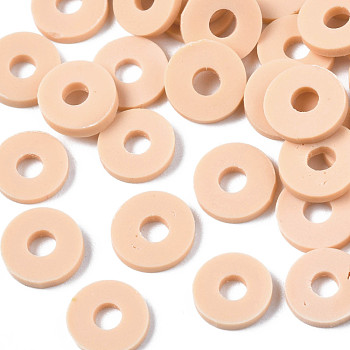 Handmade Polymer Clay Beads, Disc/Flat Round, Heishi Beads, PeachPuff, 4x1mm, Hole: 1mm, about 55000pcs/1000g