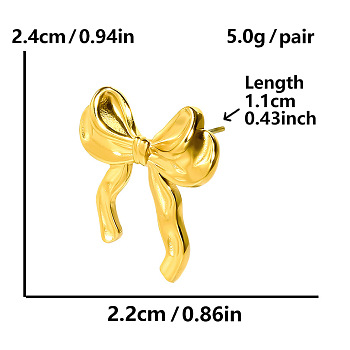 Sweet 304 Stainless Steel Bowknot Stud Earrings, Real 18K Gold Plated, 24x22mm