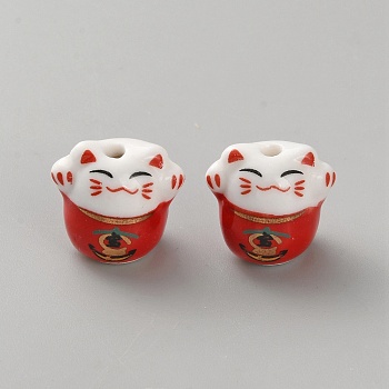 Handmade Printed Porcelain Beads, Lucky Cat, Dark Red, 15x16.5x13.5mm, Hole: 2mm