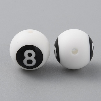 Silicone Beads, Chewing Beads For Teethers, DIY Nursing Necklaces and Bracelets Making, White Round with Black Numbers, Num.8, 13.5mm, Hole: 2.2mm