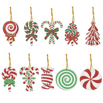 Christmas Theme DIY Diamond Painting Keychain Kit, Including Acrylic Board, Keychain Clasp, Bead Chain, Resin Rhinestones Bag, Diamond Sticky Pen, Tray Plate and Glue Clay, Candy, 75~95x45~60mm, 10pcs/set