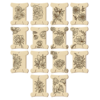 14Pcs 14 Style Plywood Thread Winding Boards, for Embroidery Cross-Stitch Sewing Craft, Flower, 63.1x50.2x3mm, Hole: 4mm, 1pc/style