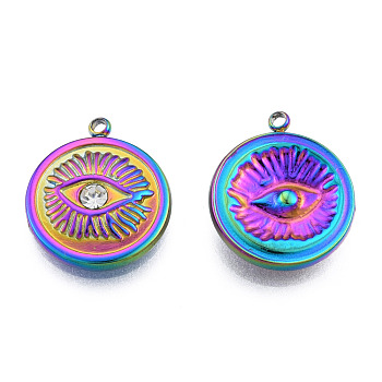 304 Stainless Steel Pendants, with Crystal Rhinestone, Flat Round with Eye, Rainbow Color, 17.5x15x3mm, Hole: 1.5mm