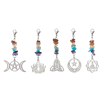 Chakra Natural Gemstone Chips Pendant Decorations, Stainless Steel Pendants and 304 Stainless Steel Clasp Charm, Mixed Shapes, 65~75mm