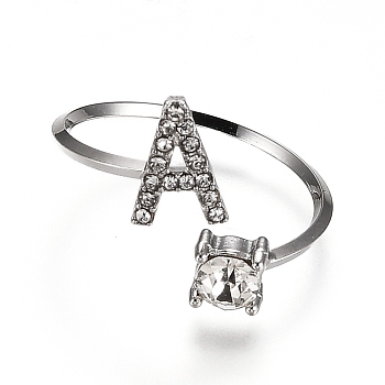 Alloy Cuff Rings, Open Rings, with Crystal Rhinestone, Platinum, Letter.A, US Size 7 1/4(17.5mm)