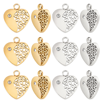 12Pcs 2 Colors 304 Stainless Steel Charms, Manual Polishing, with Crystal Rhinestone, Heart, Golden & Stainless Steel Color, 12.5x11x1.5mm, Hole: 1.8mm, 6pcs/color