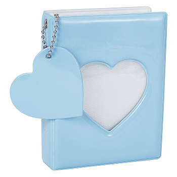 3 Inch PVC Mini Heart Hollow Photocard Holder Book, Mini Mirror-Like Photo Album with 32 Pockets and Ball Chain, Light Sky Blue, 110.5x87x27mm, Hole: 3.5mm, Inner Diameter: 92x61mm