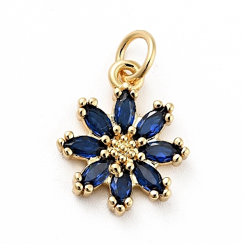 Rack Plating Brass Micro Pave Cubic Zirconia Charms, Long-Lasting Plated, Lead Free & Cadmium Free, Real 18K Gold Plated, Flower, Prussian Blue, 14.5x12x3mm, Hole: 3mm
