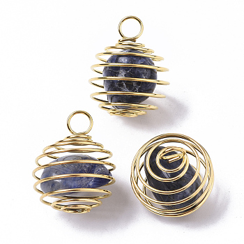 Iron Wrap-around Spiral Bead Cage Pendants, with Natural Sodalite Beads inside, Round, Golden, 21x24~26mm, Hole: 5mm