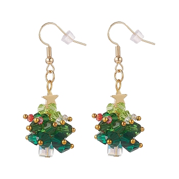 Glass Braided Beaded Christmas Tree Dangle Earrings, Golden Brass Wire Wrap Jewelry for Woman, Green, 49mm, Pin: 0.7mm
