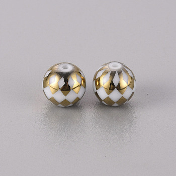 Electroplate Glass Beads, Round with Grid Pattern, Golden Plated, 10mm, Hole: 1.2mm