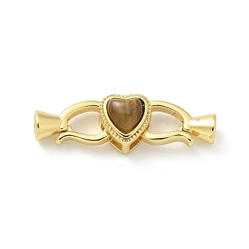 Brass Heart Fold Over Clasps, with Tiger Eye, Golden, 25mm