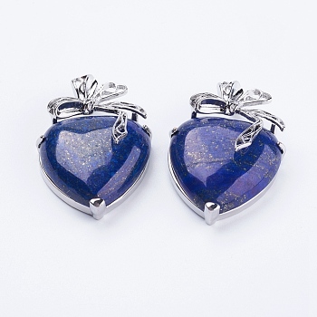 Natural Lapis Lazuli Pendants, with Brass Findings, Heart, Platinum, 32x47.5x12mm, Hole: 4x5mm