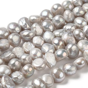 Natural Cultured Freshwater Pearl Beads Strands, Two Sides Polished Round, Grade 3A, Dyed, Dark Gray, 8~9x7~9mm, Hole: 0.6mm, about 49~50pcs/strand, 13.78~14.17 inch(35~36cm)