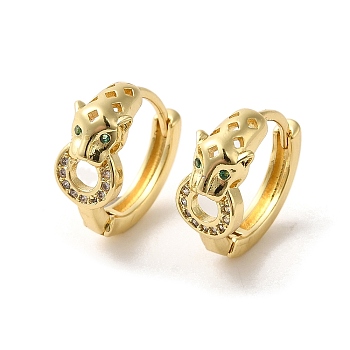 Leopard Head Brass Hoop Earrings, with Cubic Zirconia, Real 18K Gold Plated, 15x17x7mm