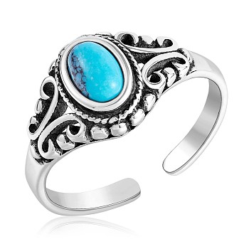 925 Sterling Silver Open Cuff Ring, Natural Turquoise Gothic Ring for Women, Antique Silver, US Size 5 1/4(15.9mm)