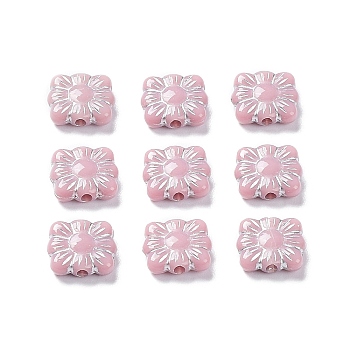 Opaque Acrylic Beads, Metal Enlaced, Square with Flower Pattern, Flamingo, 9.5~10x10.5~11x3.5mm, Hole: 1.6mm, about 1990pcs/500g