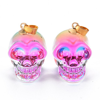 Electroplate K9 Glass Pendants, with Golden Plated Brass Bails, Skull, Halloween, Violet, 25x26~27x19mm, Hole: 5x3mm