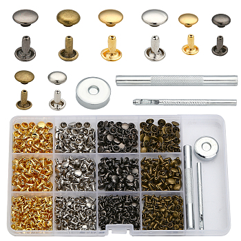 320 Sets 4 Colors 2 Sizes Iron Semi-Tublar Collision Rivets Kits, with 3Pcs Punch Setting Tool, for DIY Belt Making, Leathercraft, Mixed Color, Button: 6x8mm & 8x10mm, Nut: 6x3mm & 8x3mm