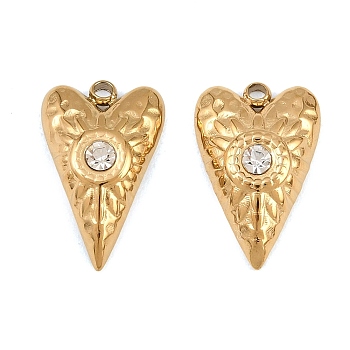 304 Stainless Steel with Crystal Rhinestone Pendants, Heart Charms, Ion Plating(IP), Golden, 17x11x4mm, Hole: 1.4mm