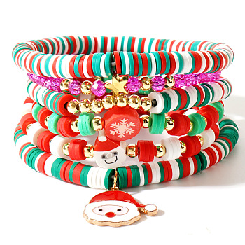 Pearl Clay Heishi Beaded Stretch Bracelets, Christmas Holiday Gift Set Jewelry Accessories, Colorful, 6-7/8 inch(17.5cm)