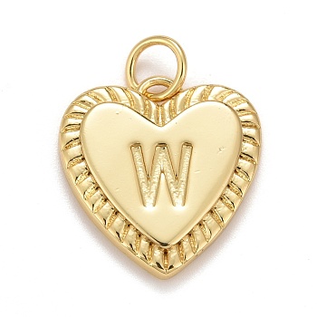 Rack Plating Real 18K Gold Plated Brass Pendants, with Jump Rings, Long-Lasting Plated, Lead Free & Cadmium Free & Nickel Free, Heart with Letter A~Z, Letter.W, 16x15x2.5mm, Jump Ring: 5x0.5mm, 3mm Inner Diameter