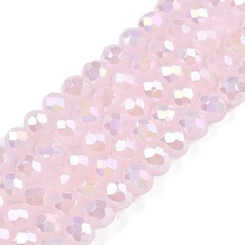 Electroplate Glass Beads Strands, Imitation Jade Beads, AB Color Plated, Faceted, Rondelle, Misty Rose, 4x3mm, Hole: 0.4mm, about 113~115pcs/strand, 16.14~16.34 inch(41~41.5cm)