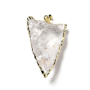 Natural Quartz Crystal Pendants, Rock Crystal Pendants, Triangle Charms, with Rack Plating Brass Findings, Light Gold, 42~51.5x22.5~30x11~13mm, Hole: 7x4.5mm